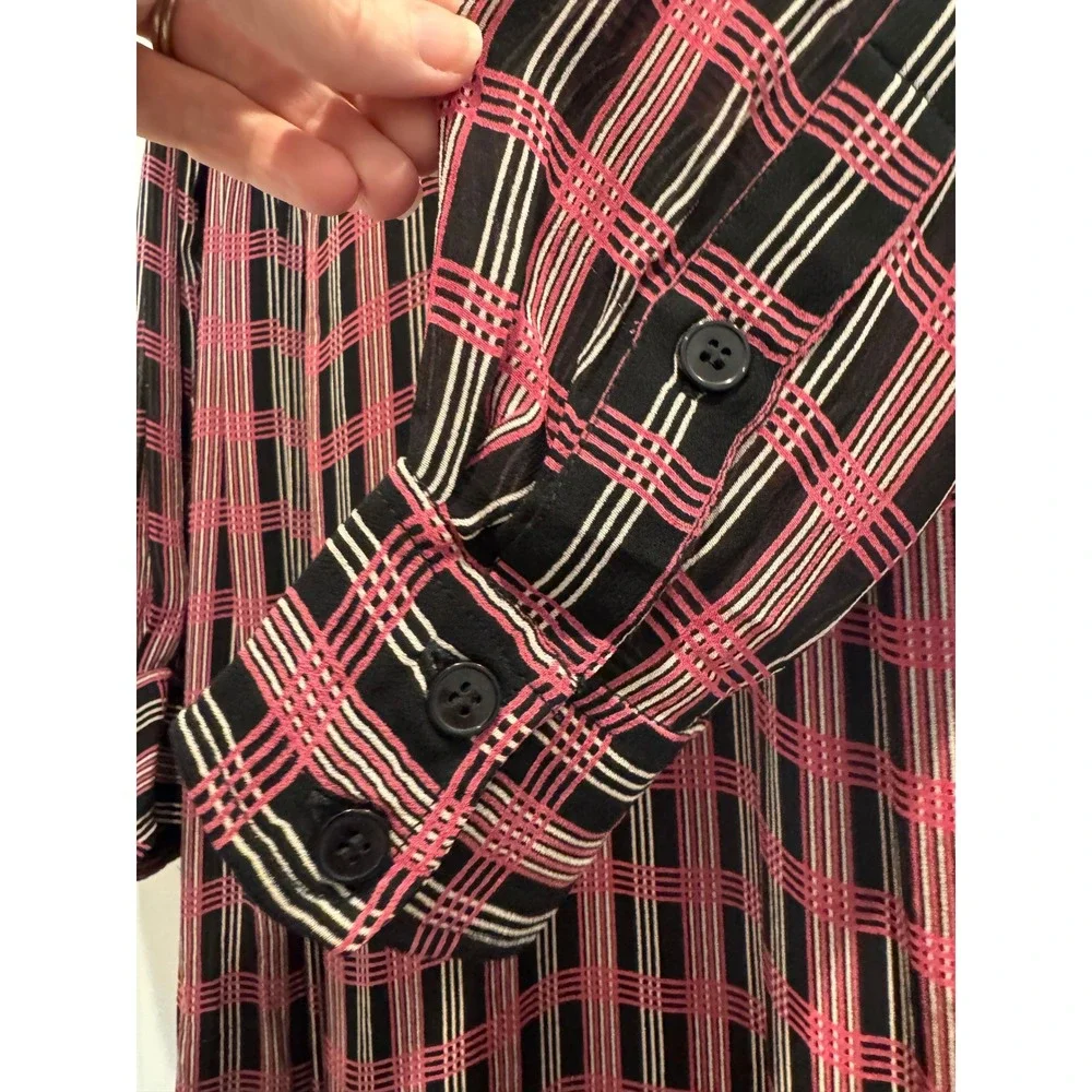 GANNI Pink Black Plaid Mock Neck Long Sleeve Midi Mod Dress Size M - Picture 4 of 13